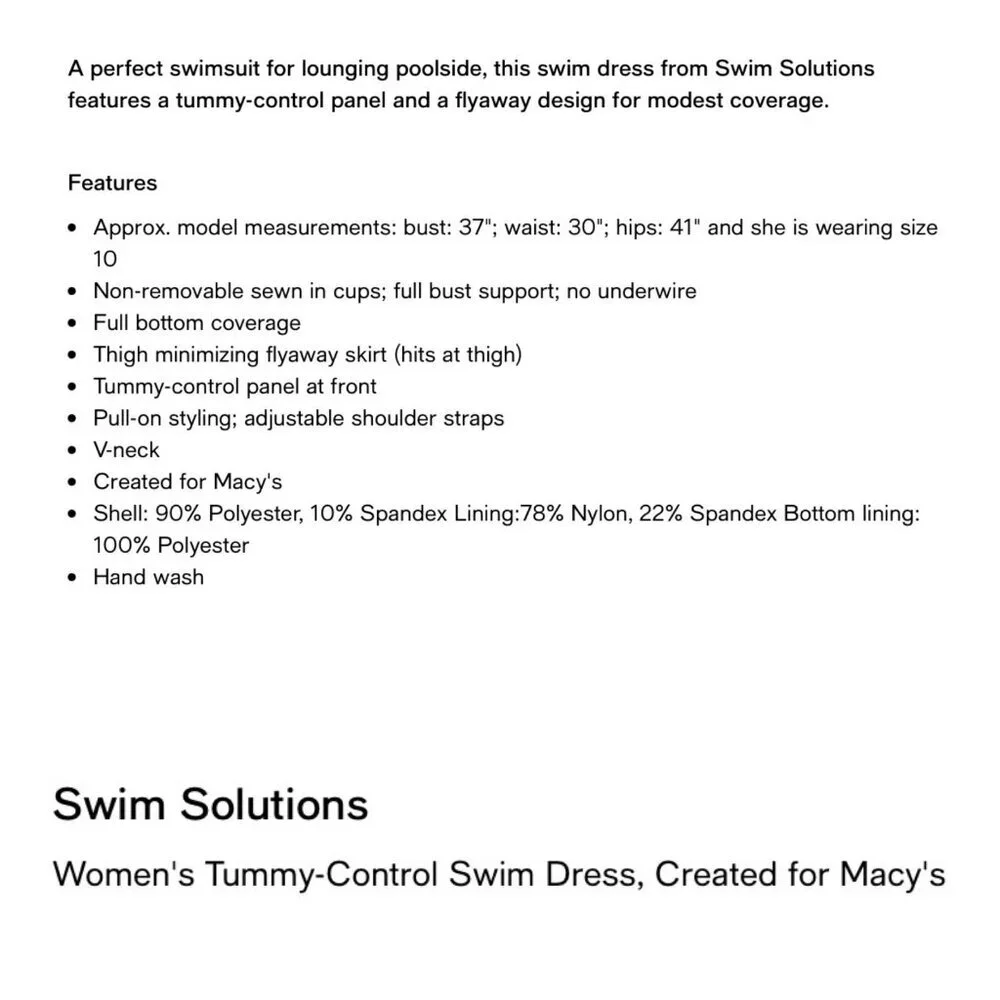 Swim Solutions Womens Size 8 Black Tummy-Control Swim Dress Modest Coverage‎ NWT